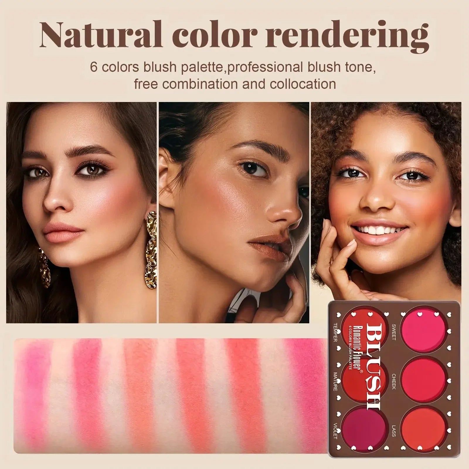 6 Colors Waterproof Matte Blush Palette Medium Buildable Coverage Long-Lasting Natural Finish Light and breathable,