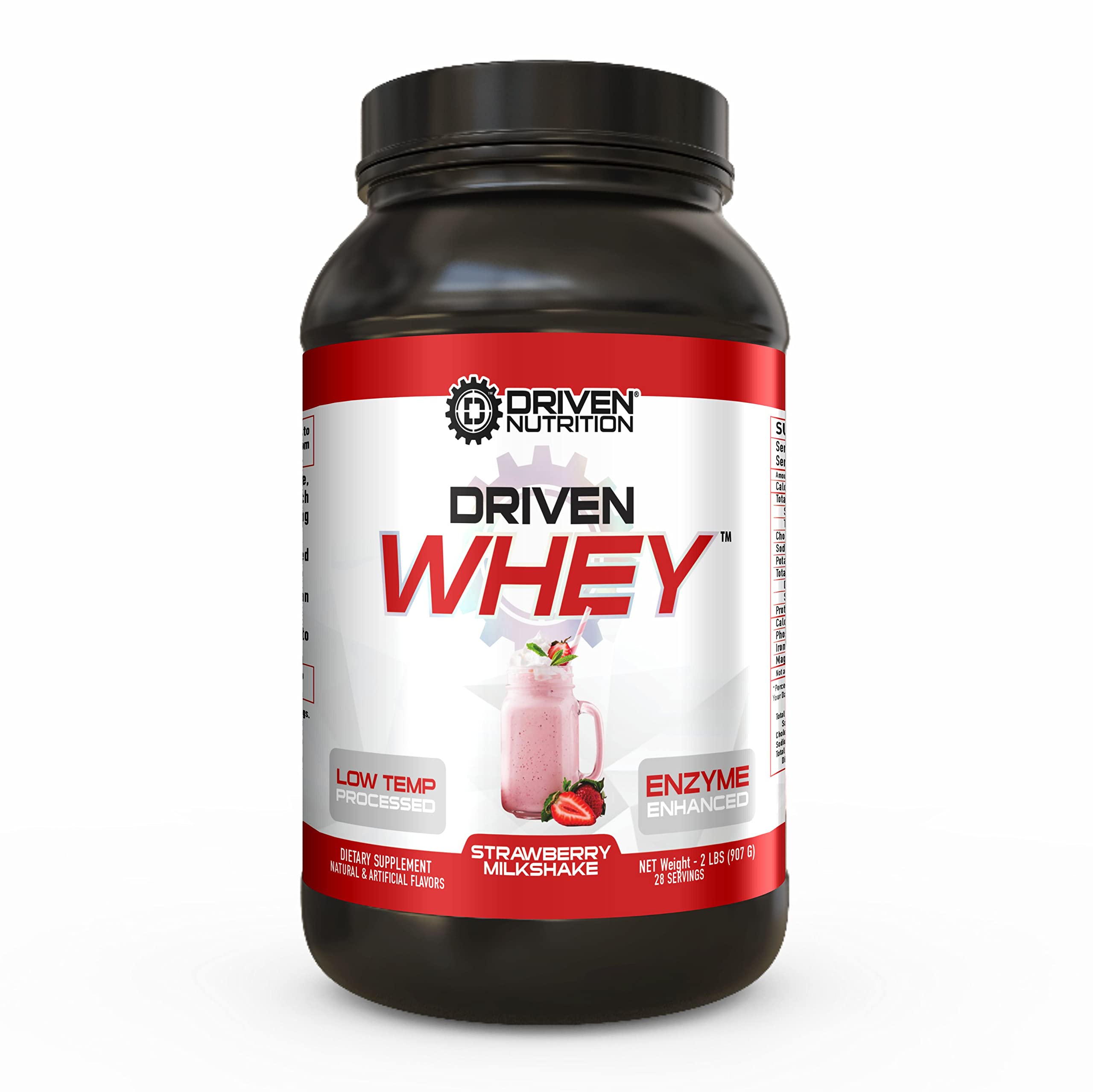 Driven WHEY- Grass Fed Whey Protein Powder: Delicious Clean Protein Shake- Improve Muscle Recovery with 23 Grams of Protein with Added BCAA and Digestive Enzymes (Strawberry Milkshake 2 lb)