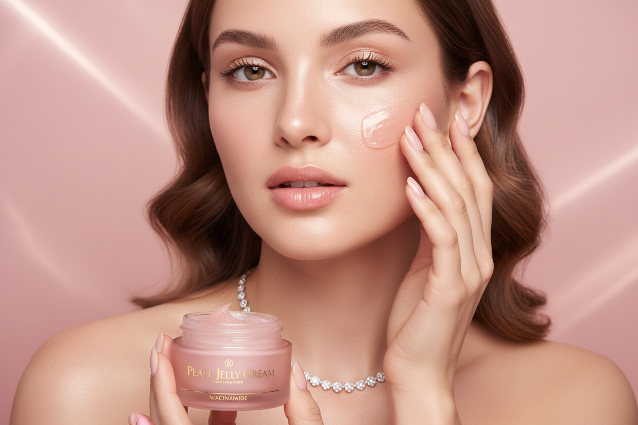 Mulher usando Pearl Jelly Cream — produto rosa