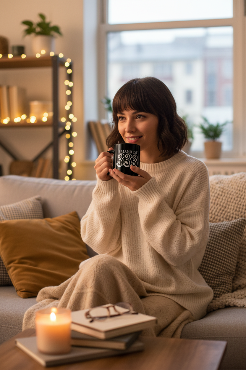 Woman with bangs drinking Black Glossy Mug
